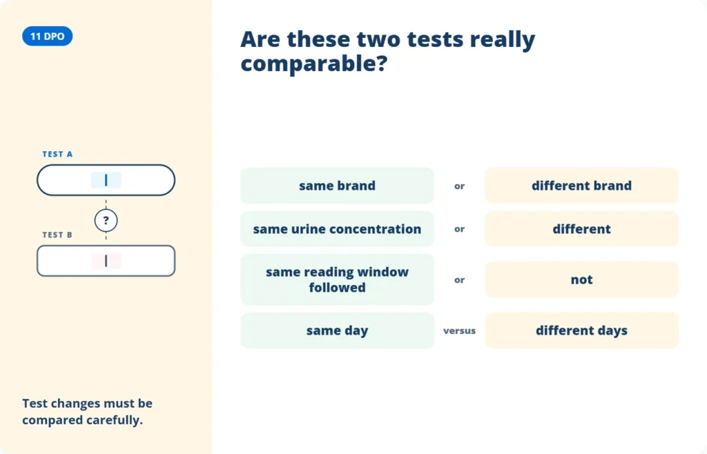 An 11 DPO pregnancy test comparison graphic lists brand, urine concentration, reading window and test day
