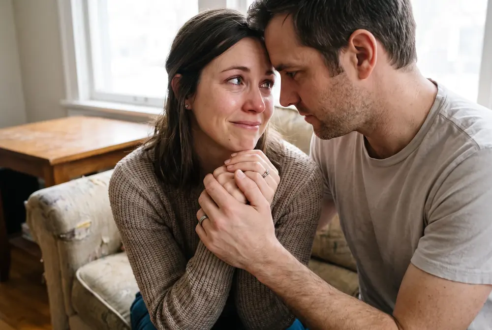 Couple holding hands with cautious hopeful expressions