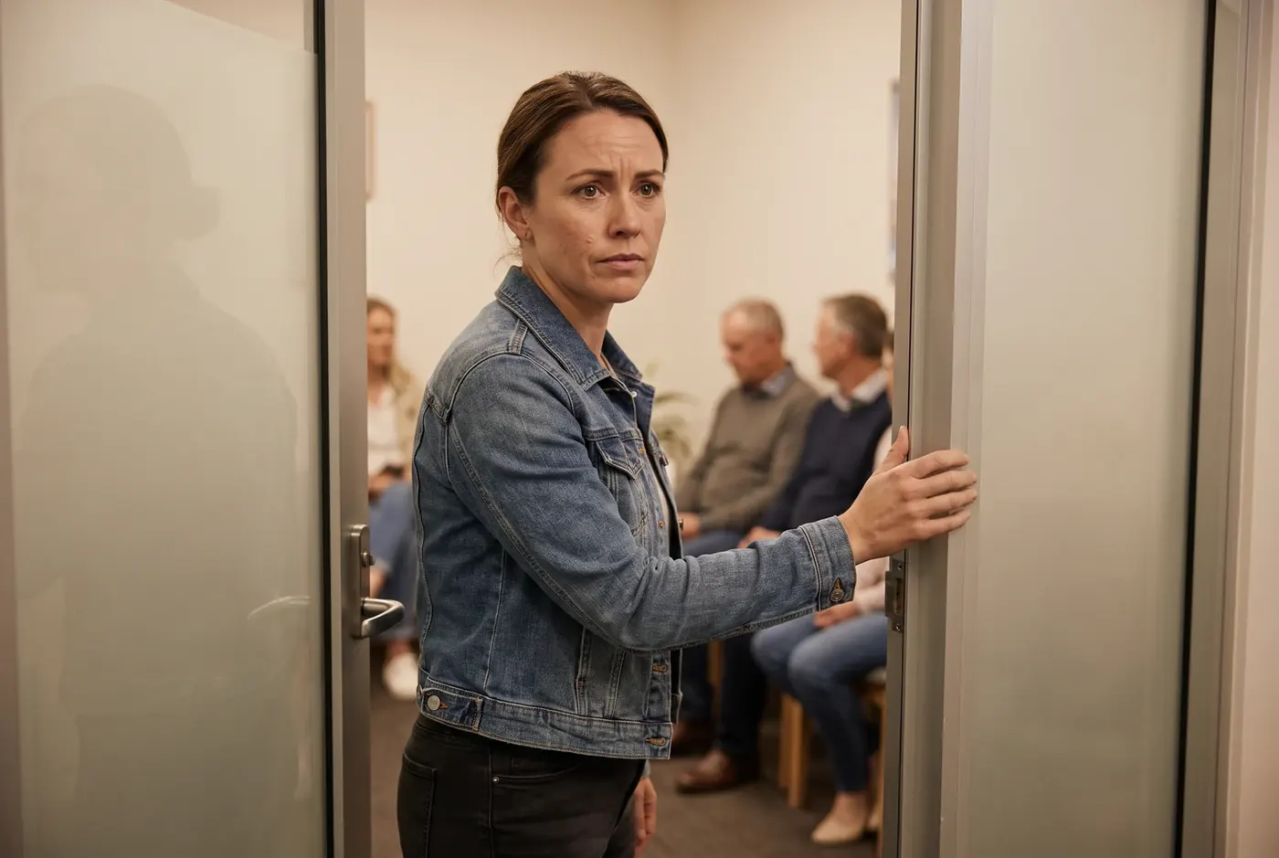 Woman at the entrance to a clinic waiting room