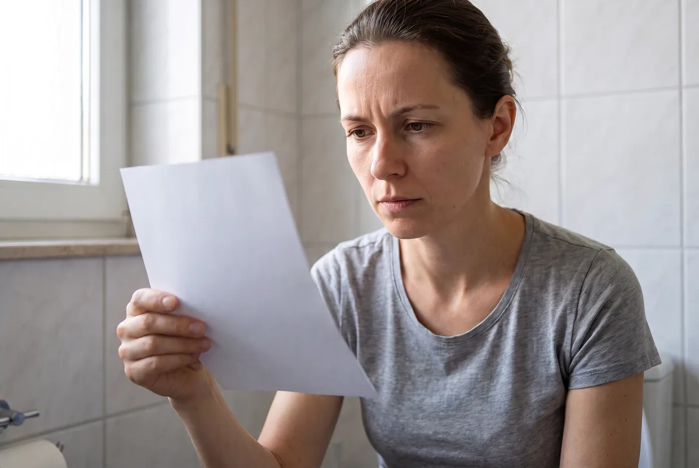 Woman concentrating on a leaflet whose blank reverse faces the camera