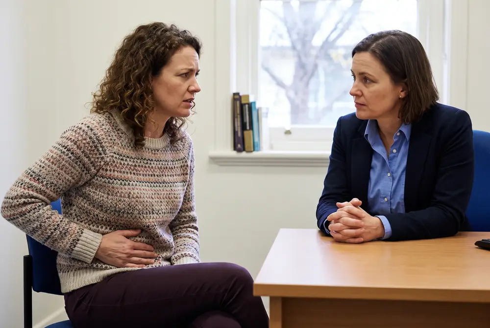 Woman describing abdominal discomfort during an appointment