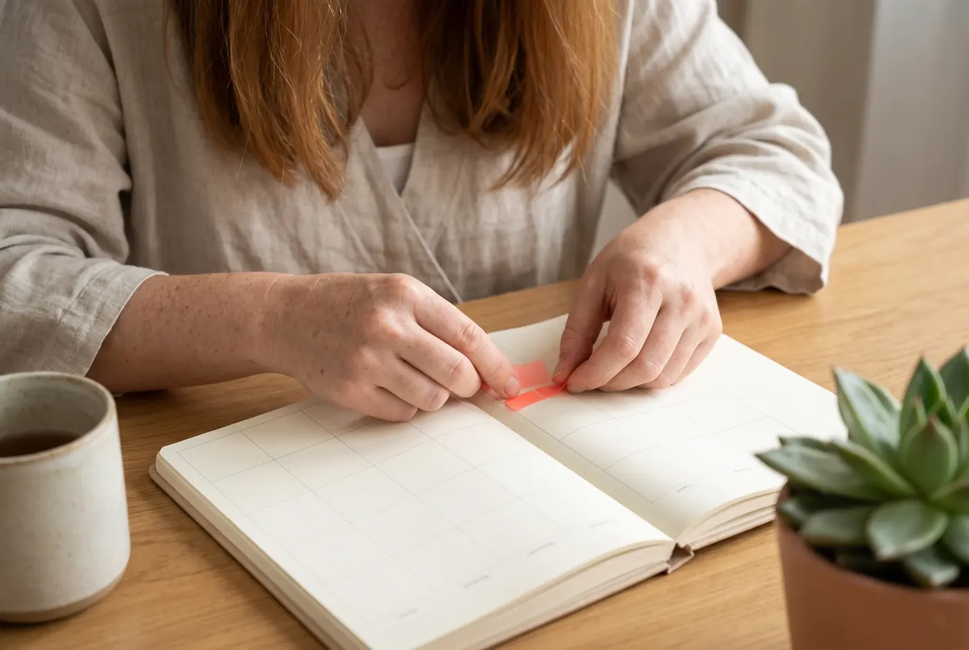 Hands moving a coral tab between blank planner cells