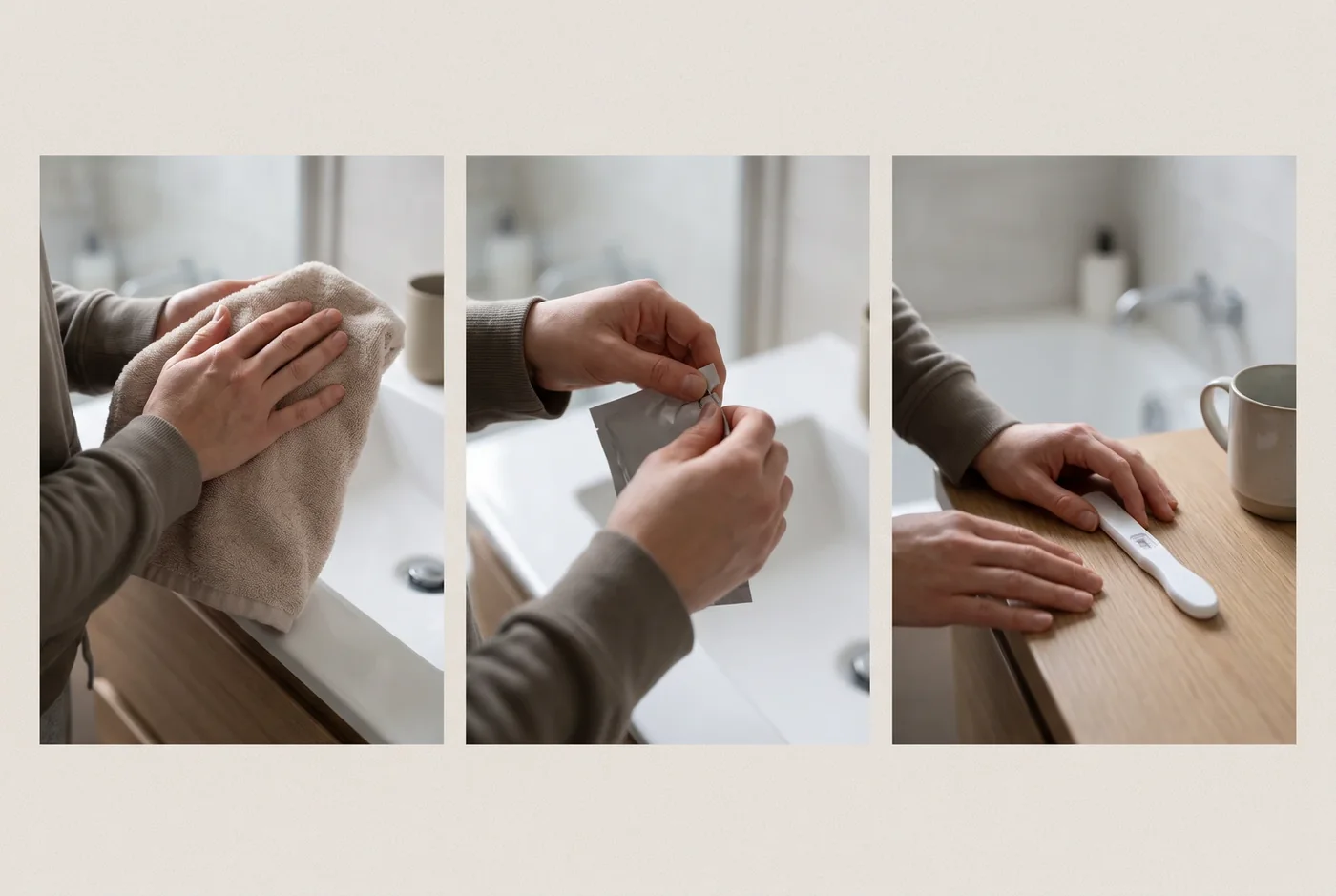 Three-panel sequence of drying hands, opening a pouch and setting down a device