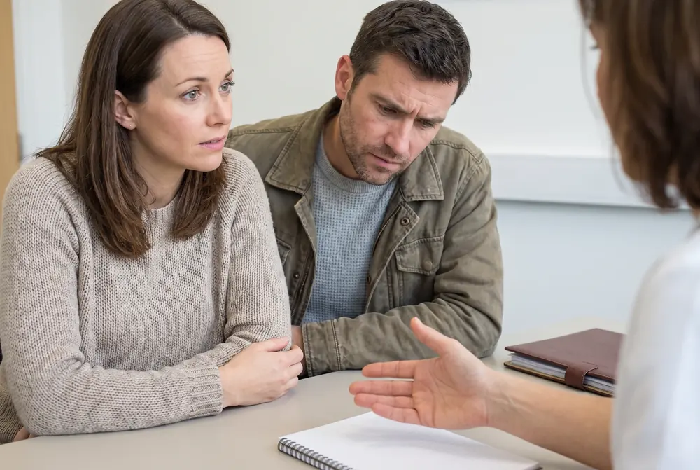 Couple listening during a fertility-clinic conversation