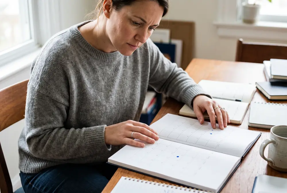 Woman comparing two blank calendar grids