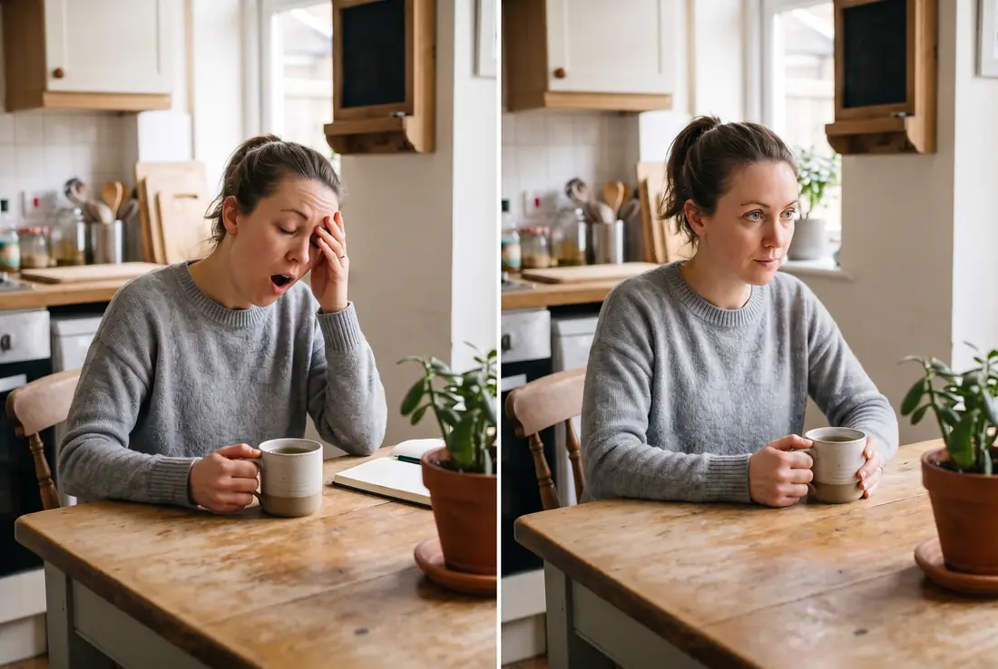 Two photographs of a woman feeling tired and alert at a kitchen table