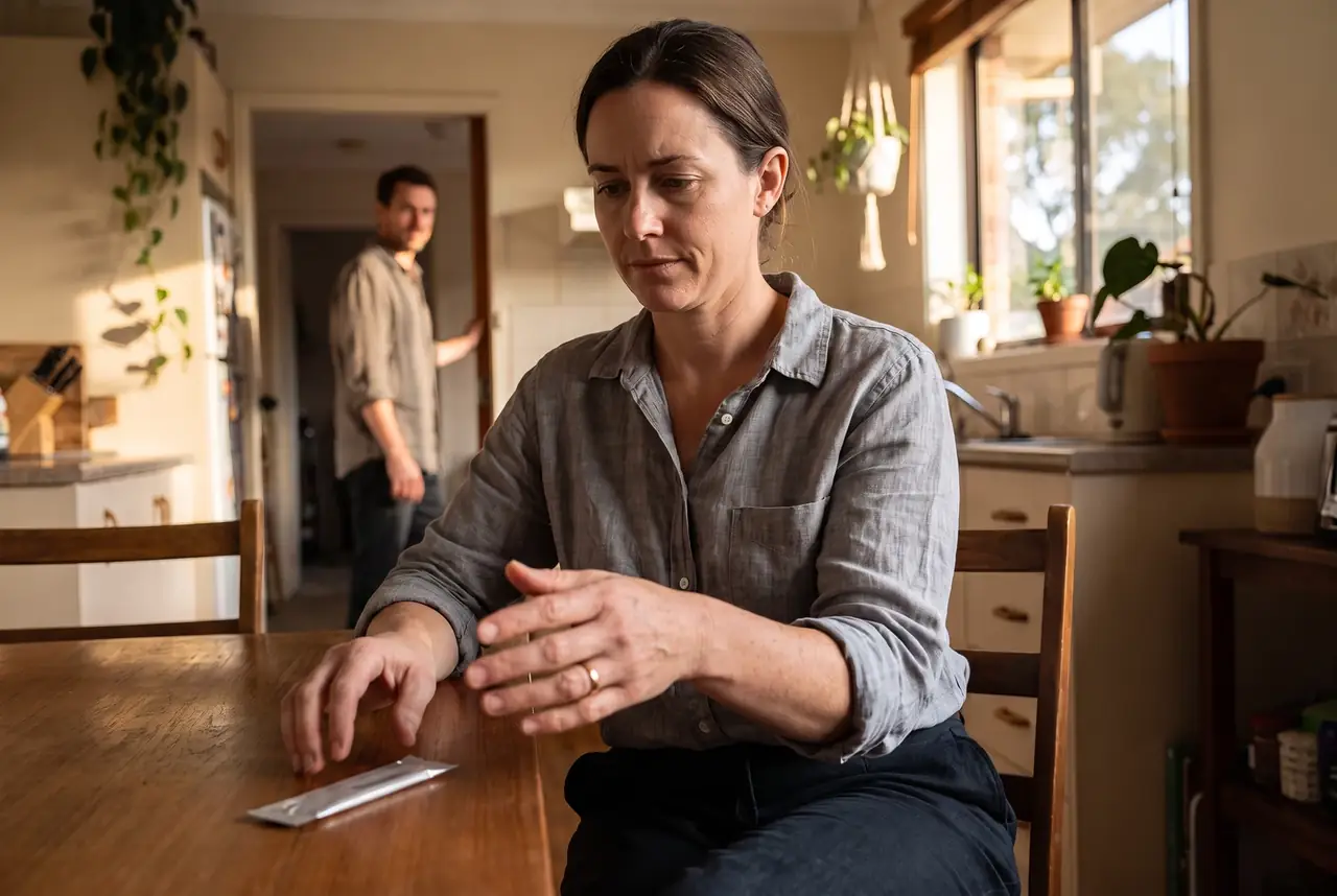 Woman pausing beside a small sealed pouch on a kitchen table