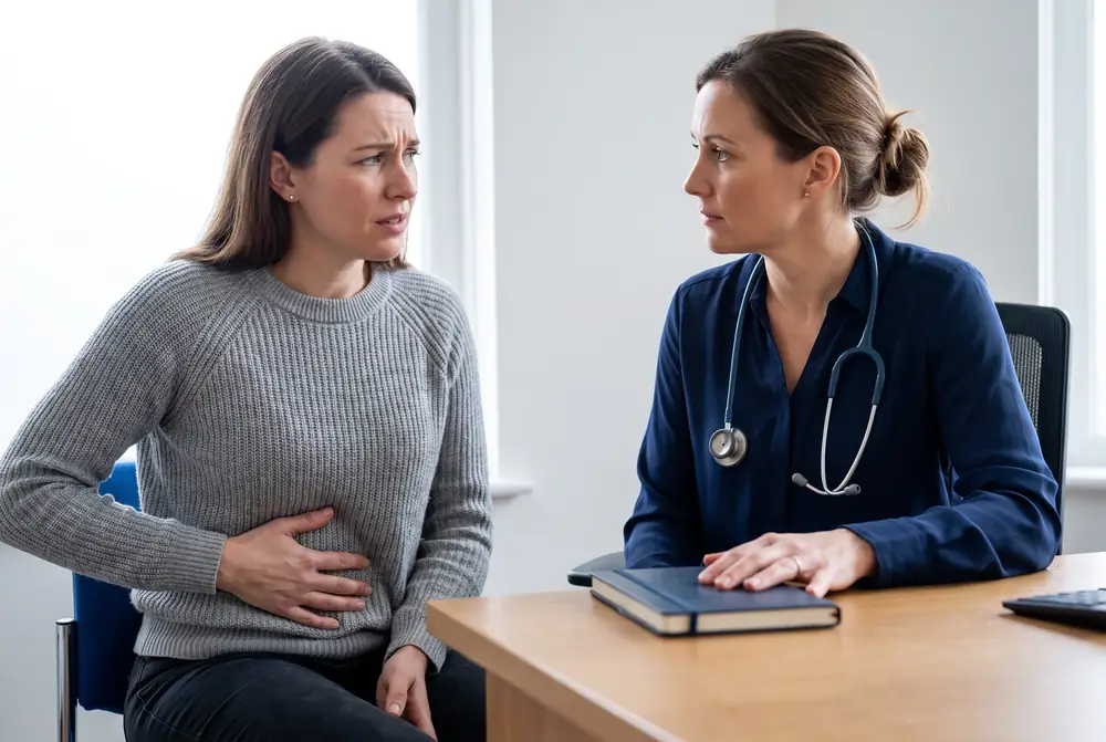 Woman discussing abdominal discomfort with a clinician