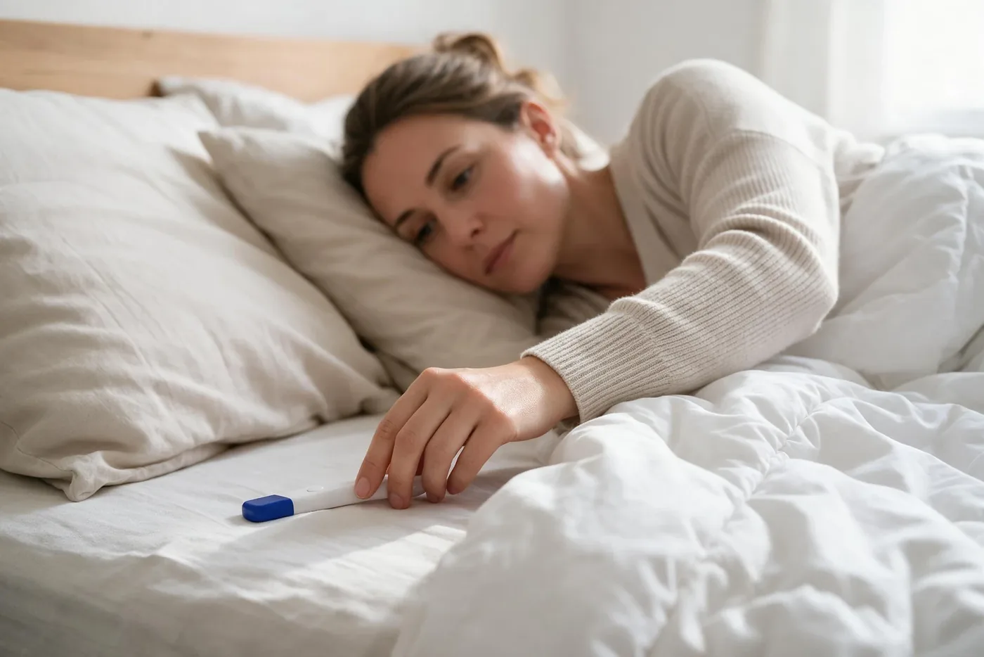 Woman reaching for a basal thermometer before getting out of bed
