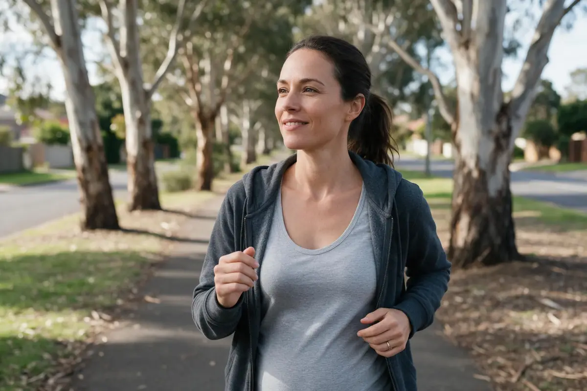 Woman walking along a eucalyptus-lined footpath