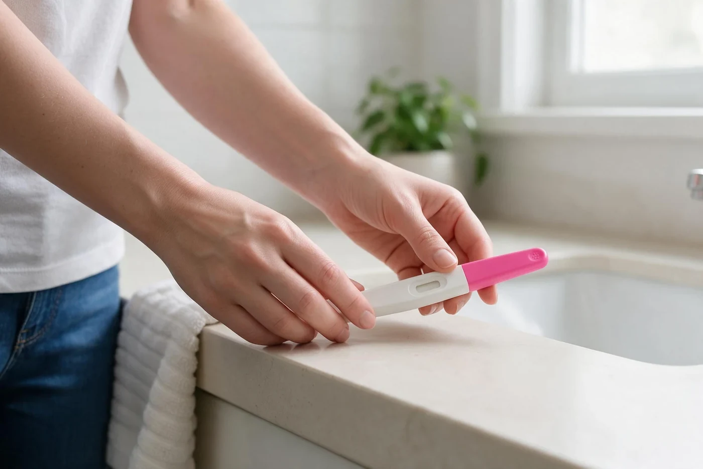 Hand placing a capped pink-and-white test on a dry counter