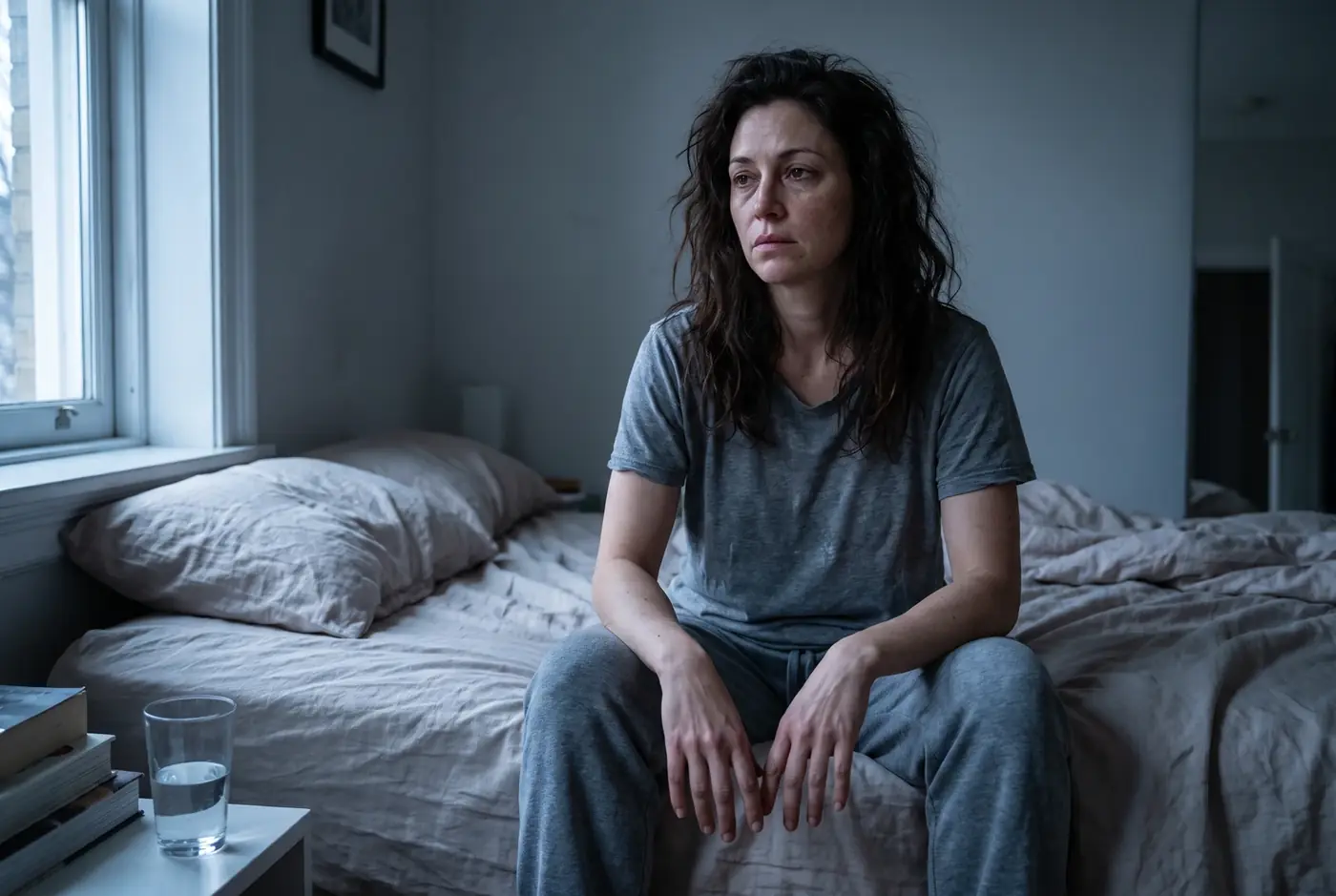 Tired woman sitting on a bed in morning light