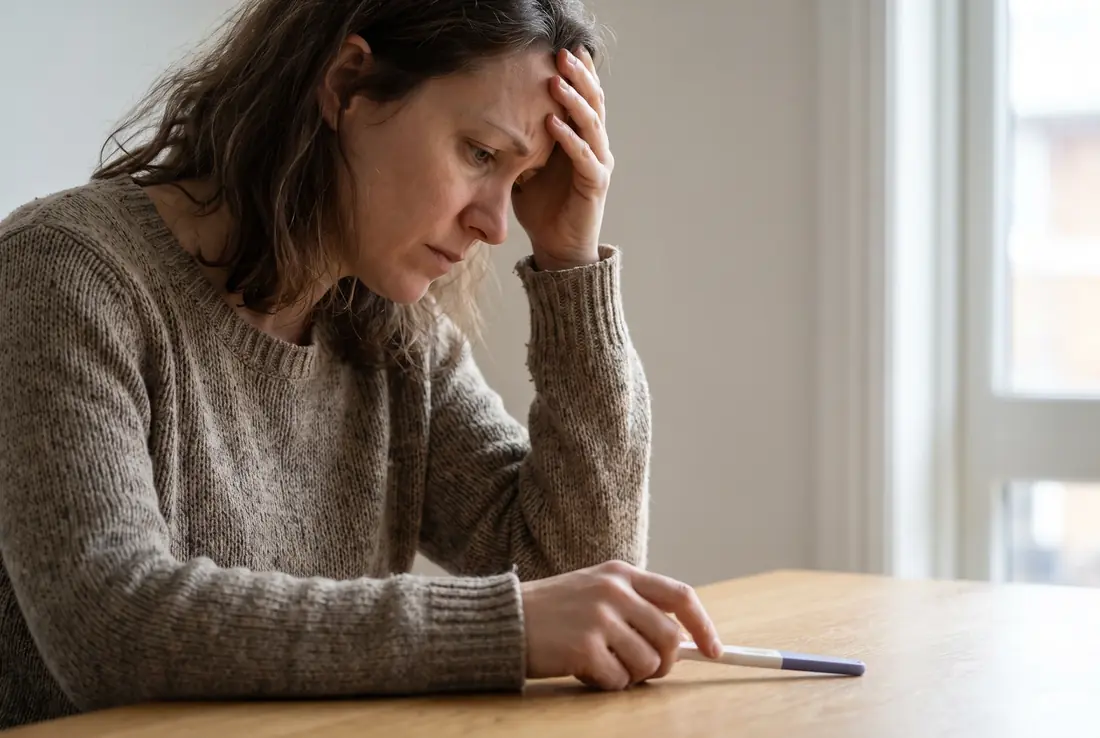 Woman looking down at a face-down test