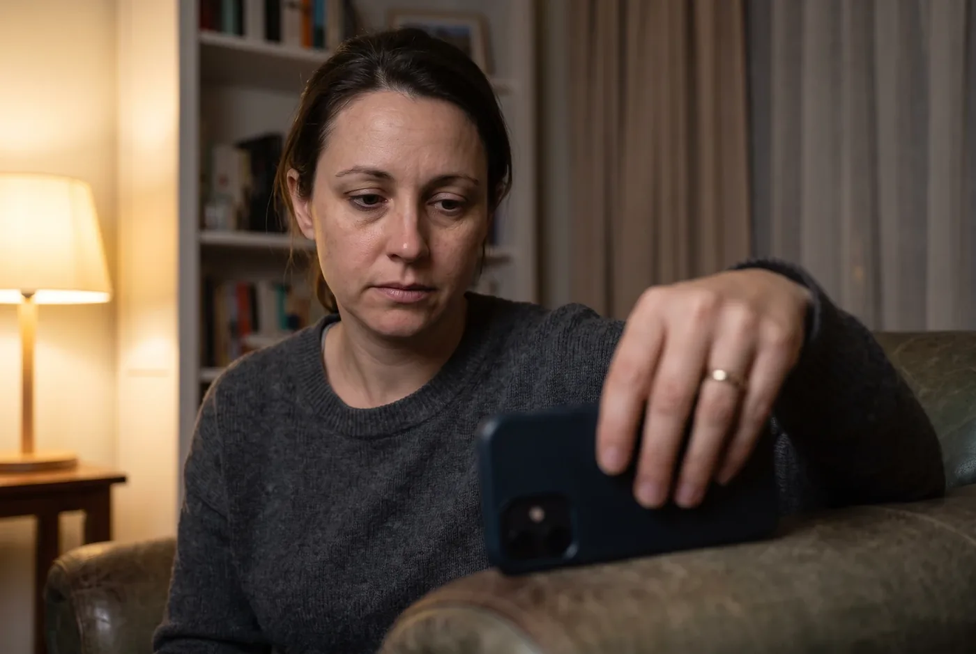 Tired woman putting her phone down at night