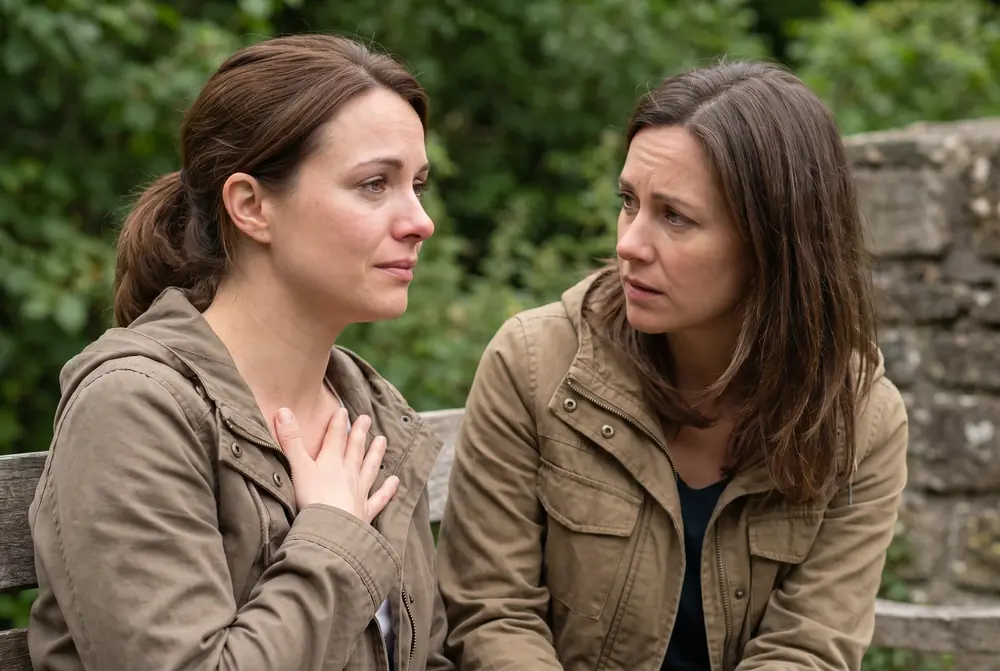 Woman sharing a concern with a listening friend outdoors
