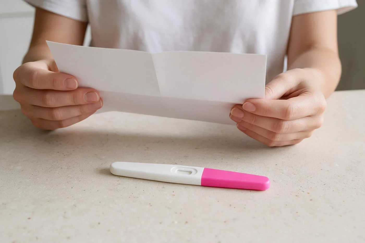 Hands holding test instructions beside a capped pregnancy test