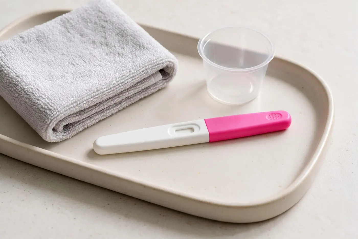 Dry tray with an empty collection cup, towel and face-down pregnancy test