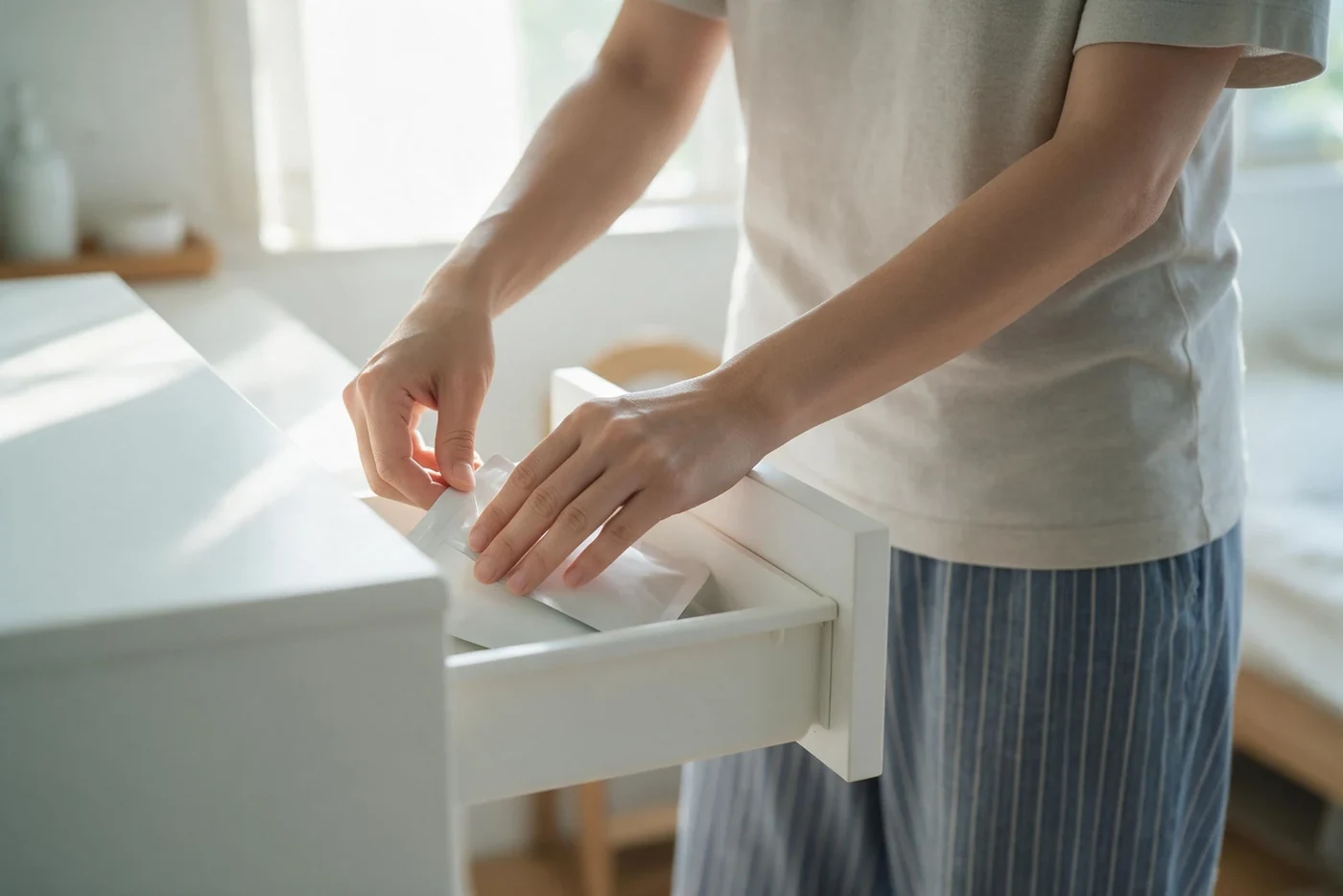 Hand closing a drawer containing an unopened test pouch