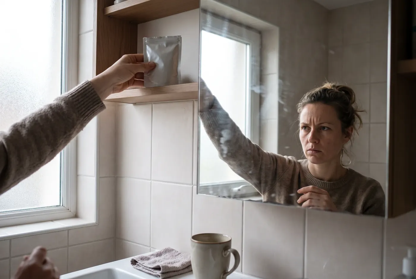 Woman placing a small sealed pouch on a bathroom shelf