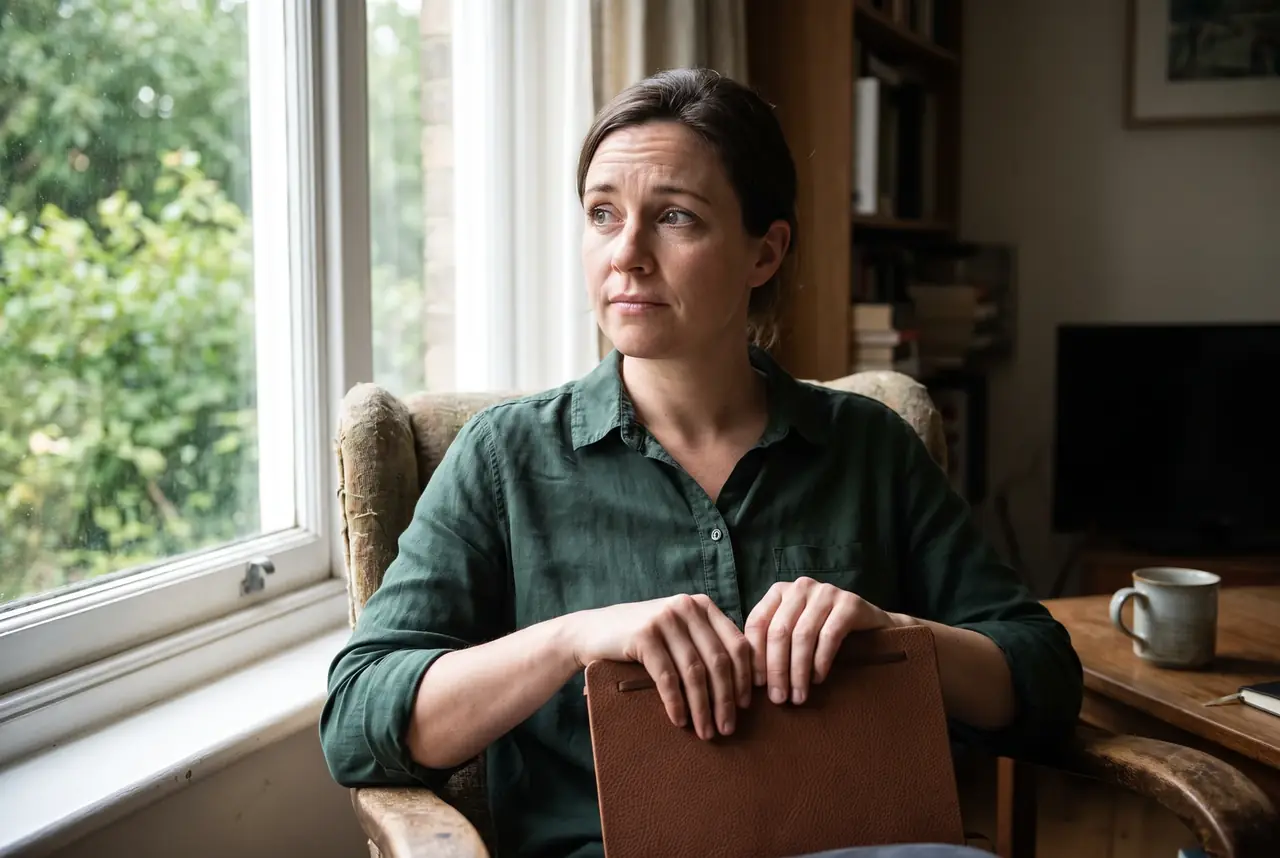 Woman holding a closed notebook by a window