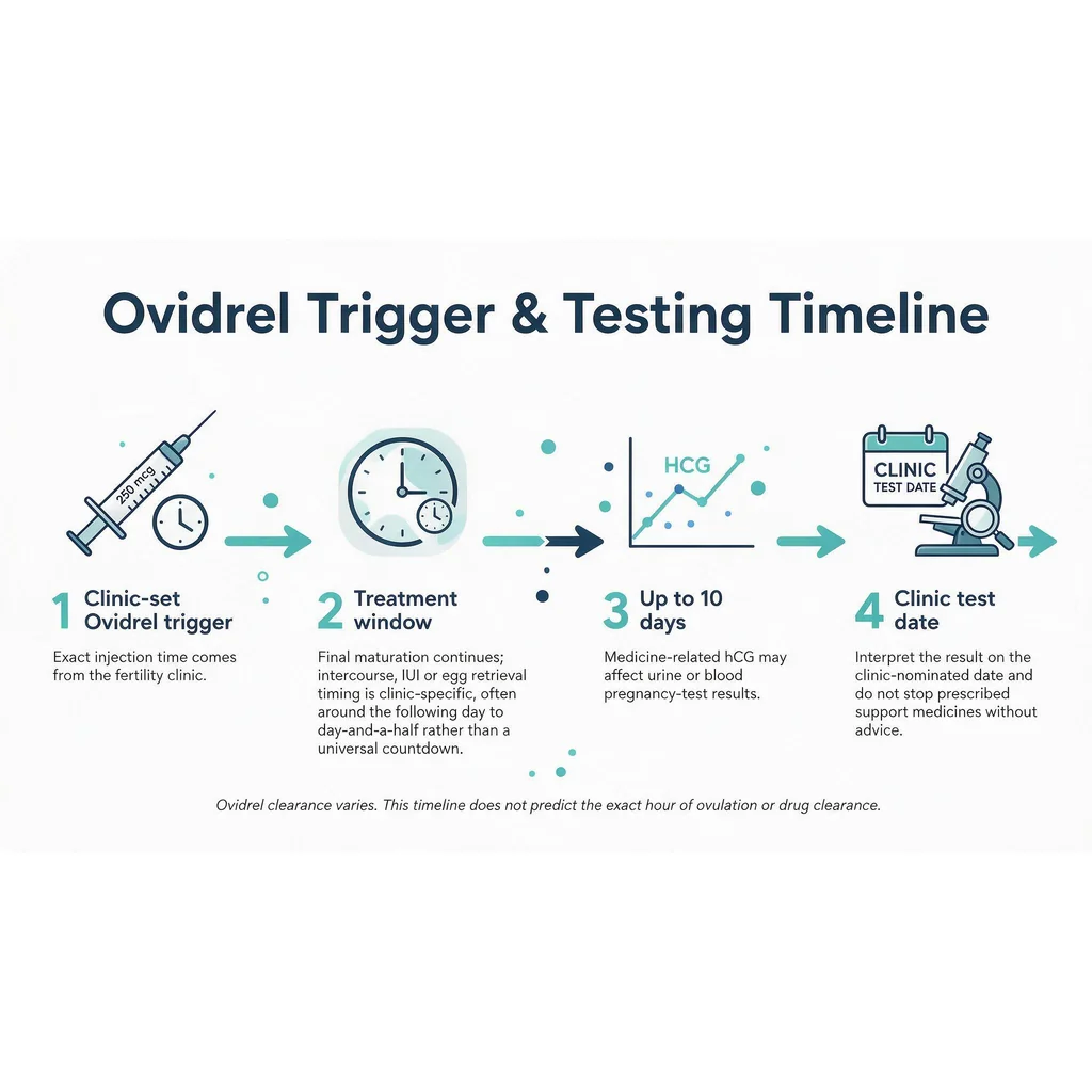 Ovidrel trigger and clinic test-date timeline showing the injection, treatment window, up-to-10-day hCG interference period and clinic test date