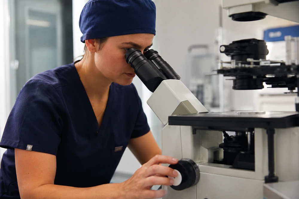Embryologist using a laboratory microscope when comparing IVF clinic laboratory services in Australia