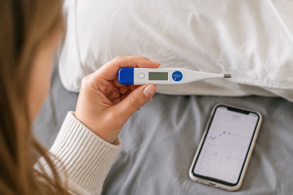 Ovulation test and BBT temperature shift used with egg-white cervical mucus to assess ovulation signs in Australia