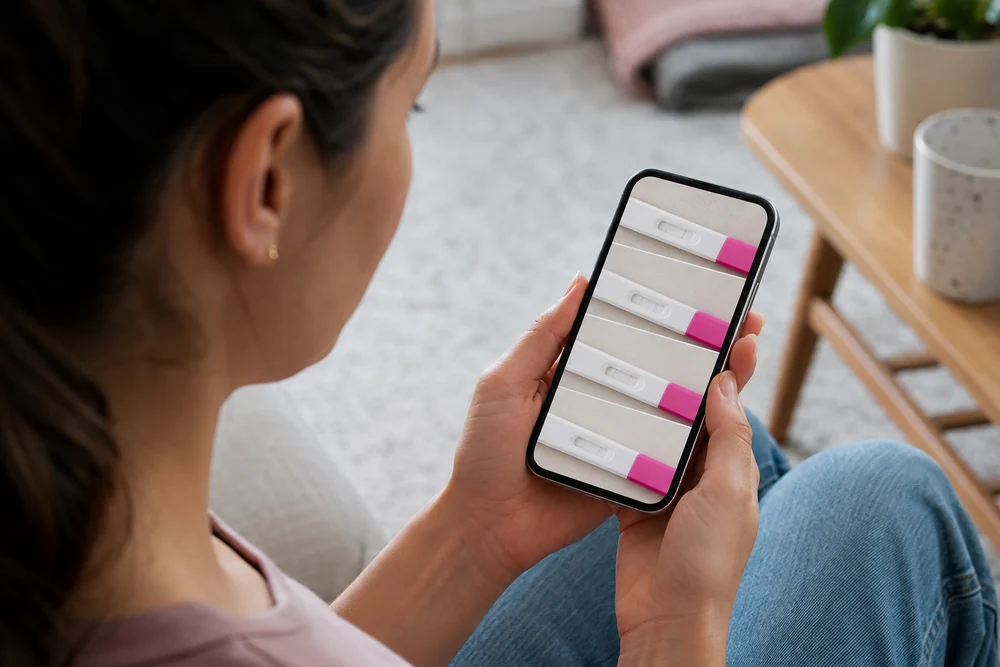 Record of an unclear faint pregnancy test result in Australia including test date, reading time and symptoms