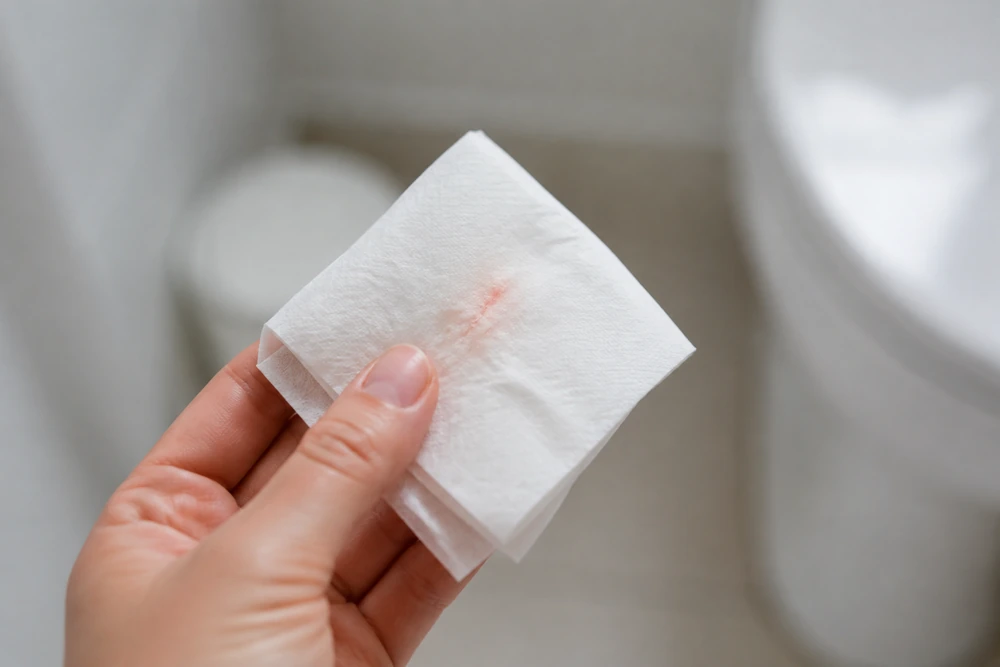 Woman looking at a sanitary pad with a small light-brown spot while sitting at home