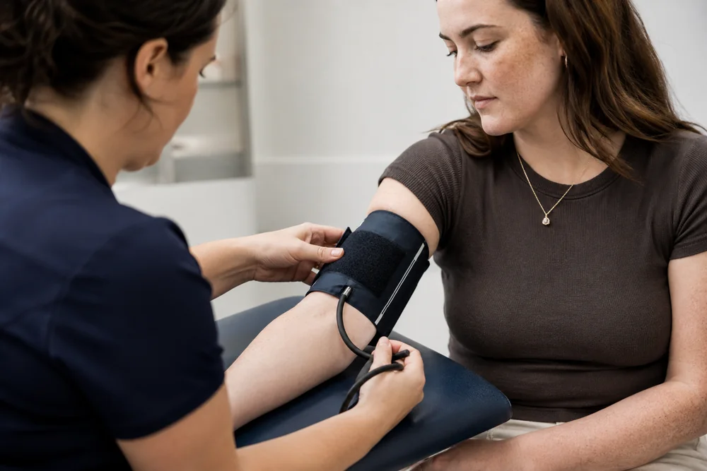 Blood pressure check as part of metabolic health assessment for PMOS or PCOS symptoms in Australia