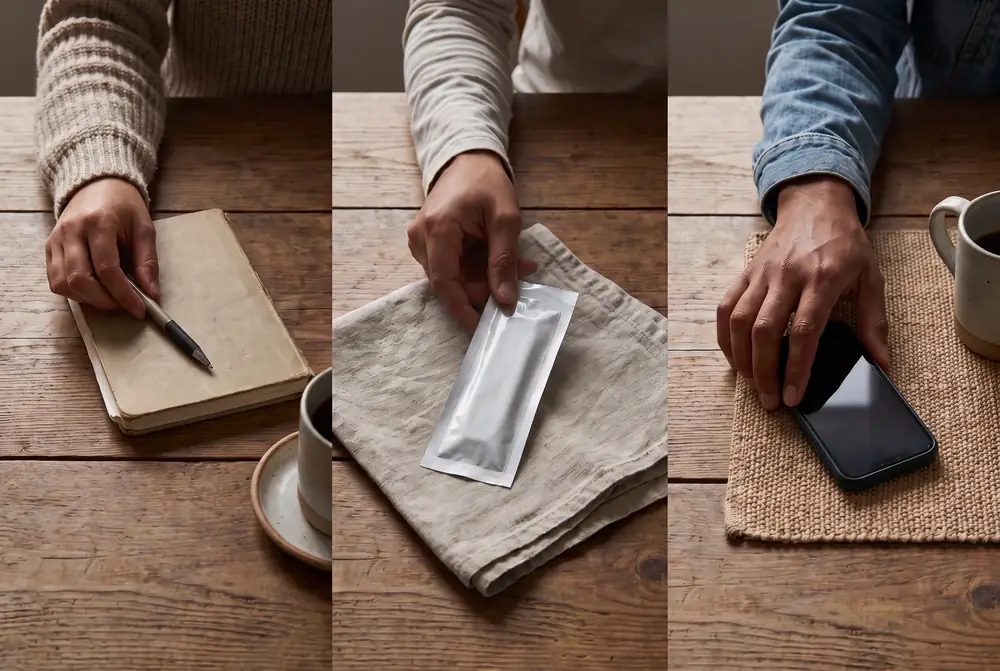 Three-panel view of a journal, sealed pouch and face-down phone